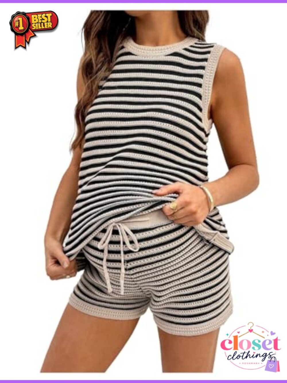 Maternity Striped Knit Tank Top & Shorts Set Sleeveless Lounge